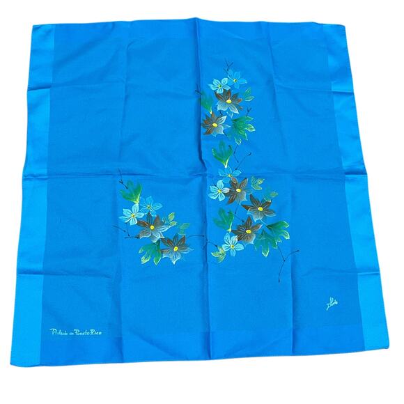 Vintage Blue Floral Polyester Scarf Hand-Painted, Made in Italy - Picture 1 of 9